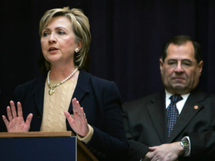 Sen. Hillary Rodham Clinton (D-NY) speaks on child health legislation as Rep. Jerrold Nadl