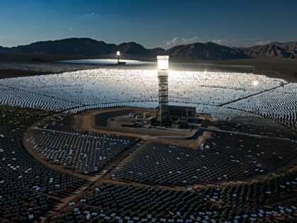 NIPTON, CA - AUGUST 26: In an aerial view, a boiler tower is surrounded by mirrors at the