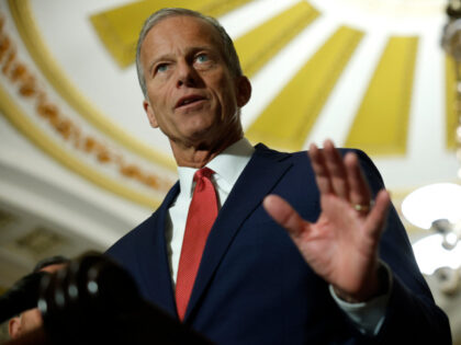 U.S. Senate Majority Leader John Thune (R-SD) speaks to the media following a Senate polic