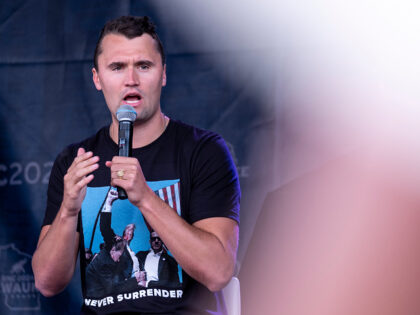 MILWAUKEE, WISCONSIN - JULY 17: Charlie Kirk makes an appearance outside the Baird Center