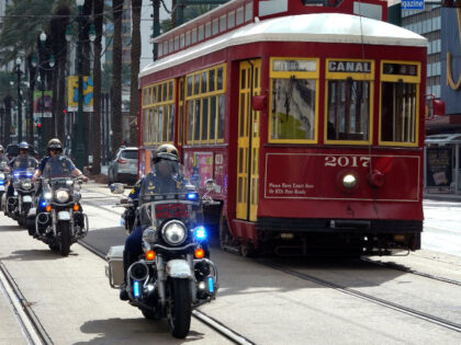 Police patrol outside the French Quarter ahead of Super Bowl LIX, where the Kansas City Ch