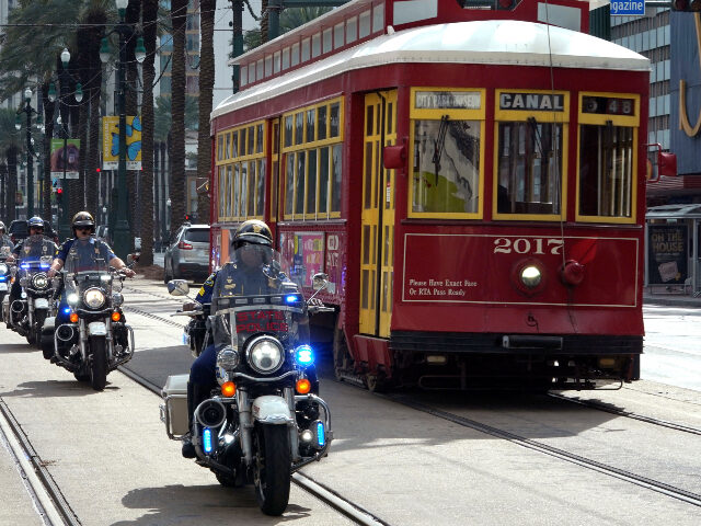 Police patrol outside the French Quarter ahead of Super Bowl LIX, where the Kansas City Ch