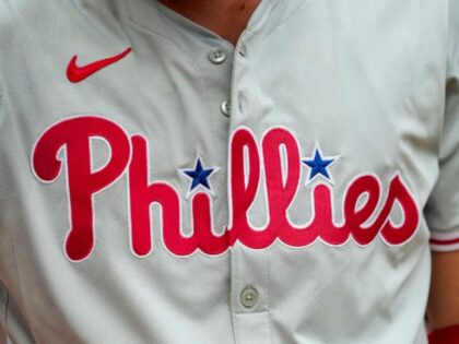 DETROIT, MICHIGAN - JUNE 26: A detail of the Philadelphia Phillies logo on a uniform again