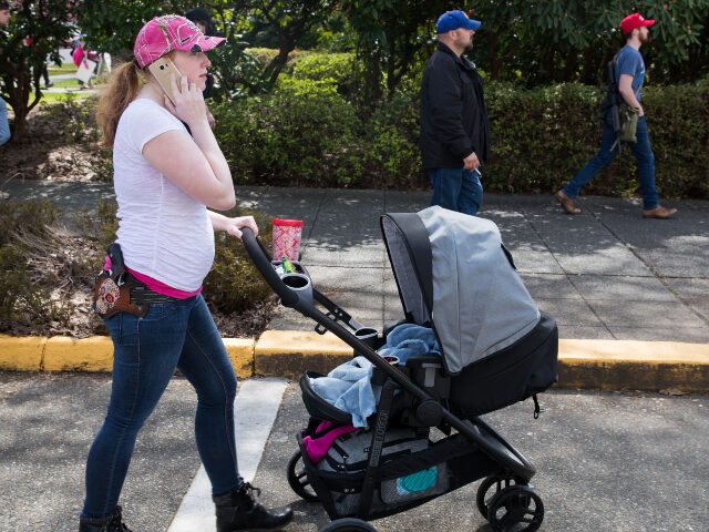 Open carry woman pushing stroller A woman pushes her stroller while open carrying her pistol on the Washington State Capitol