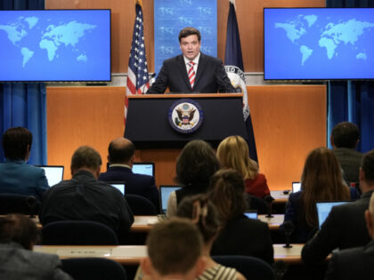 US Deputy State Department Spokesman Tommy Pigott speaks during a press briefing at the St