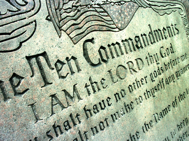 Ten Commandments A 42-year-old Ten Commandments sculpture is on display in front of city hall June 27, 2001