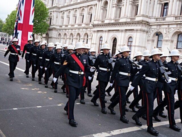 UK royal marines Members of the Royal Marines march up Whitehall during the military parade for the 80th an