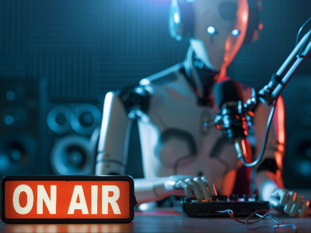 Humanoid AI robot working at the radio station studio, artificial intelligence and enterta