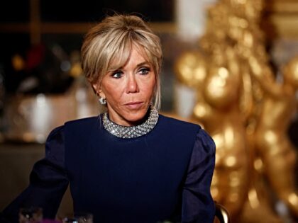 French president's wife Brigitte Macron attends a state banquet at the Palace of Versaille