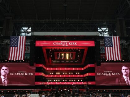 The stage is seen ahead of the public memorial service of right-wing activist Charlie Kirk