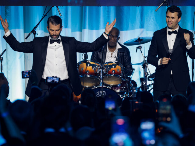 Donald Trump Jr. speaks alongside Charlie Kirk, co-founded of Turning Point USA, during th