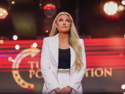 GLENDALE, ARIZONA - SEPTEMBER 21: Erika Kirk speaks during the memorial service for her hu