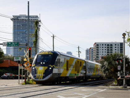 A Brightline train in Miami, Florida, US, on Thursday, Feb. 1, 2024. Brightline is on a sl