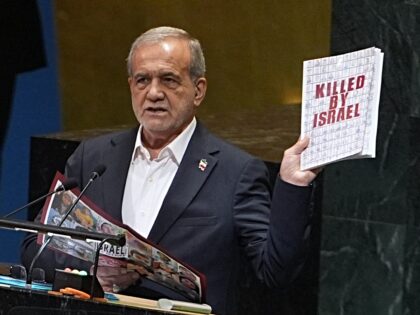 NEW YORK, UNITED STATES - SEPTEMBER 24: President of Iran, Masoud Pezeshkian, shows a book