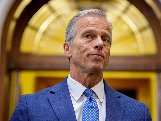john-thune-getty-1 WASHINGTON, DC - JULY 1: Senate Majority Leader John Thune (R-SD) (C), accompanied by Sen.