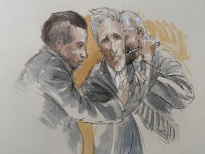 This courtroom sketch shows Ryan Routh trying to stab himself in the neck with a pen, afte