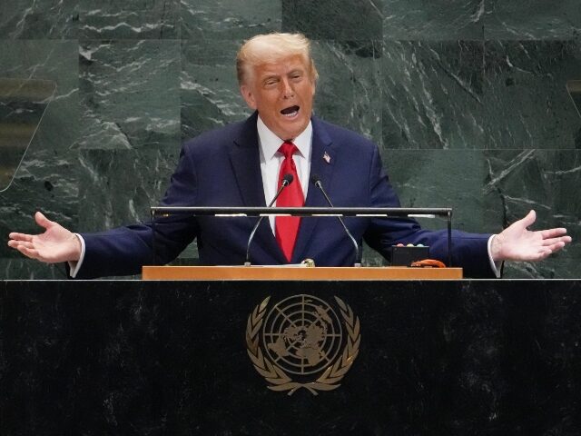 TOPSHOT - US President Donald Trump delivers remarks to the United Nations General Assembl