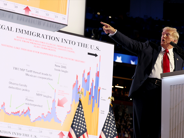 Donald Trump shows immigration charts during the Republican National Convention on Thursda
