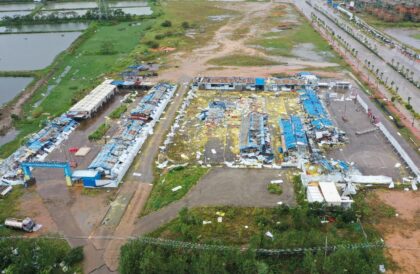 An aerial shot shows damage to an industrial estate in southern China's Guangdong pro