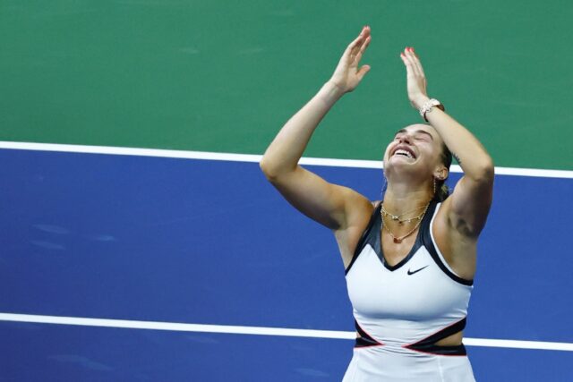 Belarus's Aryna Sabalenka reacts after defending her US Open crown with a defeat of A