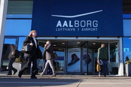 An entrance to Aalborg Airport is pictured on September 25, 2025. Drone flights that cause