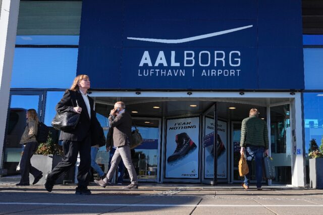 An entrance to Aalborg Airport is pictured on September 25, 2025. Drone flights that cause