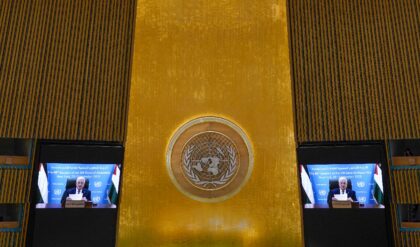 Palestinian Authority President Mahmud Abbas speaks by video during the United Nations Gen