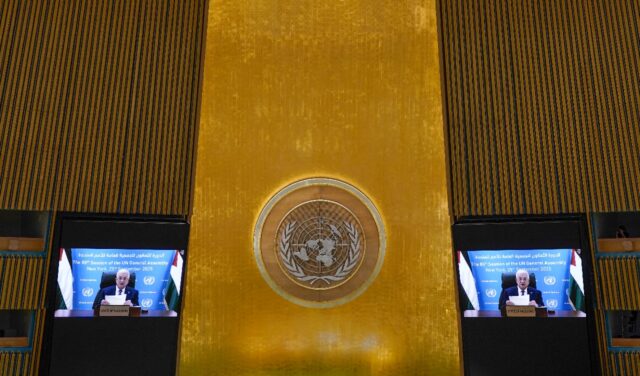 Palestinian Authority President Mahmud Abbas speaks by video during the United Nations Gen