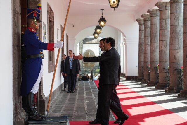 A protocol officer accompanies US Secretary of State Marco Rubio to a meeting with Ecuador's President Daniel Noboa in Quito A protocol officer accompanies US Secretary of State Marco Rubio to a meeting with Ecuador