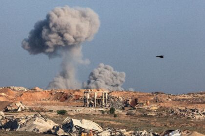 Smoke billows during an Israeli strike on the besieged Palestinian territory on September