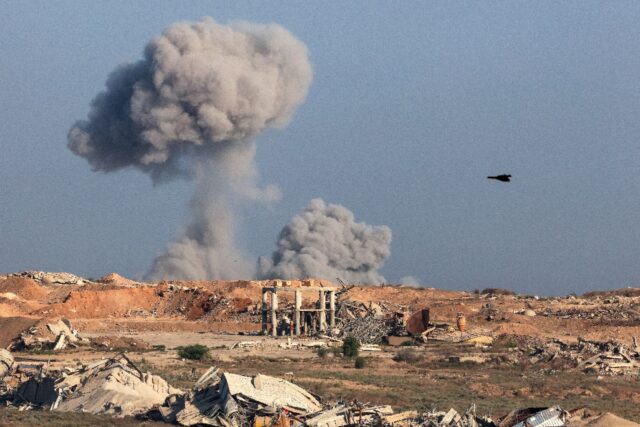 Smoke billows during an Israeli strike on the besieged Palestinian territory on September