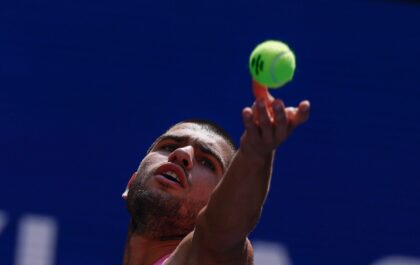 Spain's Carlos Alcaraz serves during his US Open quarter-final victory over Czech Jir