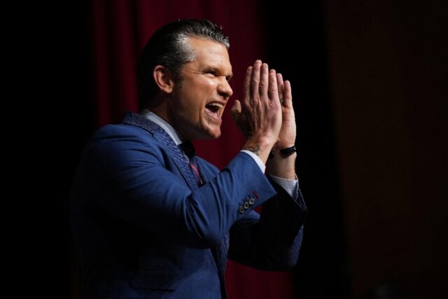 US Defense Secretary Pete Hegseth speaks to senior military leaders at Marine Corps Base Q