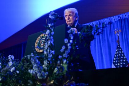 US President Donald Trump delivers remarks during the American Cornerstone Institute'
