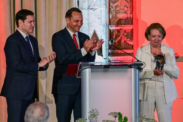 US Secretary of State Marco Rubio, Polish Foreign Minister Radoslaw Sikorski and Irma Sant
