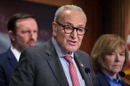 US Senate Minority Leader Chuck Schumer (C) and Senator Chris Murphy (L) say they will int