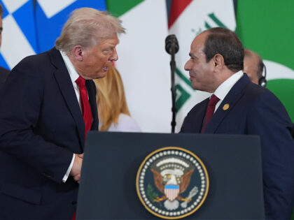 SHARM EL-SHEIKH, EGYPT - OCTOBER 13: President Donald Trump speaks with Egypt's President