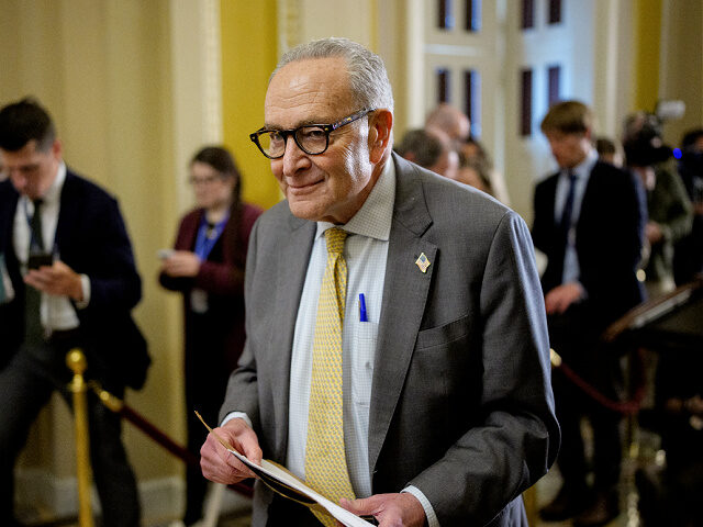 WASHINGTON, DC - OCTOBER 15: Senate Minority Leader Chuck Schumer (D-NY) steps away from r