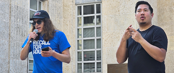 Recall Houston's Steven Saltzman (L) attacks "MAGA Democrat" Mayor John Whitmire (Bob Price/Breitbart Texas)