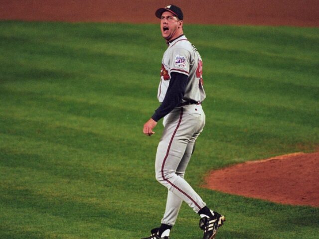 Al Tielemans _Sports Illustrated via Getty Images (1) Baseball: NLCS Playoffs: Atlanta Braves John Rocker (49) after game vs New York Mets at Sh