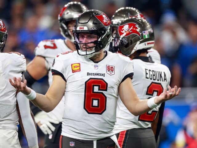 Amy Lemus_NurPhoto via Getty Images (3) DETROIT,MICHIGAN-October 20: Quarterback Baker Mayfield (6) of the Tampa Bay Buccaneers ge