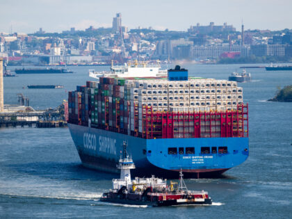 A container ship departs the Port of Newark for the Atlantic Ocean on September 30, 2024 s