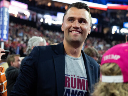 Charlie Kirk is seen in the Fiserv Forum on the third night of the Republican National Con