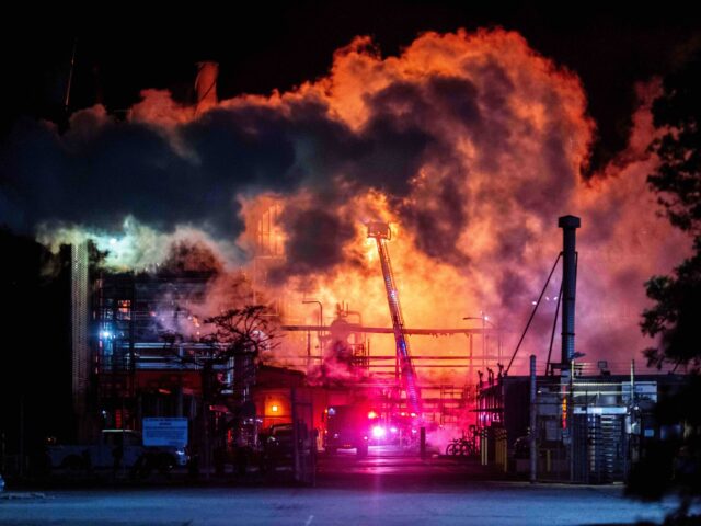 Flames rise from the Chevron refinery in El Segundo, Calif., Thursday, Oct. 2, 2025. (AP P