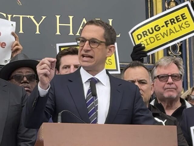 San Francisco Mayor Daniel Lurie speaks at a rally at City Hall to support legislation tha