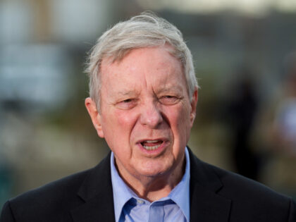Senator Dick Durbin, a Democrat from Illinois, speaks to members of the media during a new
