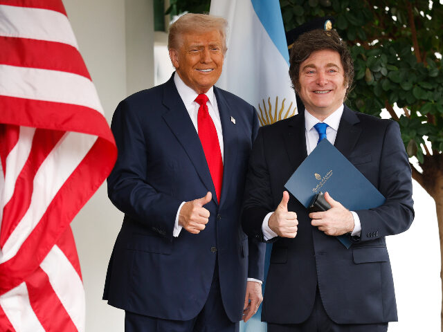 Donald Trump and Javier Milei U.S. President Donald Trump (L) greets President of Argentina Javier Milei as he arrives a