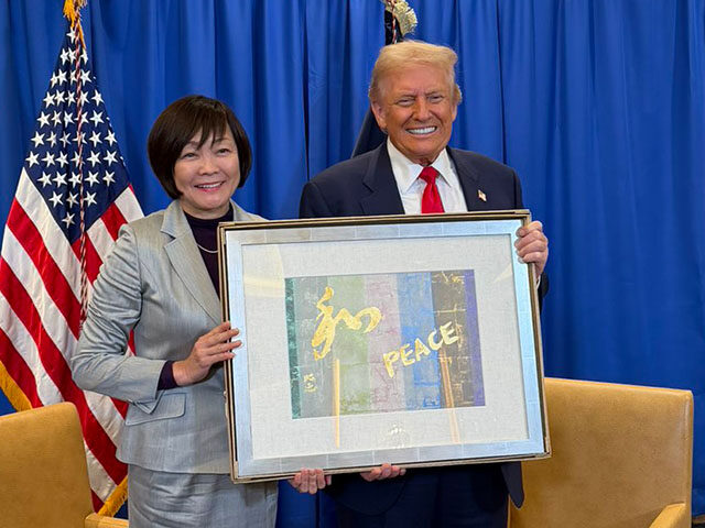 G4VthIQXwAADbJ President Trump meets with Mrs. Abe and is gifted a beautiful piece of art that she create