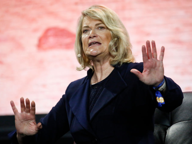 MIAMI, FLORIDA - APRIL 8: U.S. Sen Cynthia Lummis (R-WY) gestures as she speaks during the