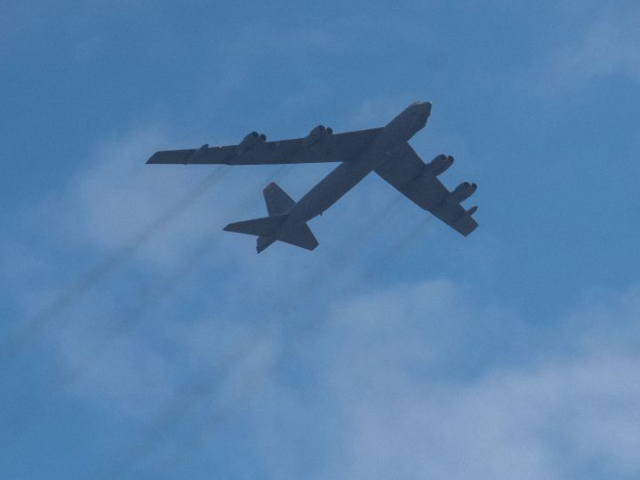 TOPSHOT - A US Air Force's B-52 bomber flies over Skopje, on August 22, 2022. - Two US B-5